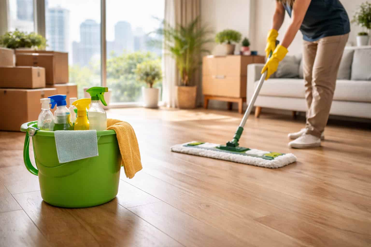 Person mopping floor in a clean apartment before moving out in Singapore