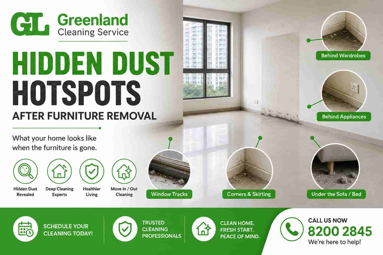 Hidden dust hotspots revealed after furniture removal in an empty Singapore home by Greenland Cleaning Service