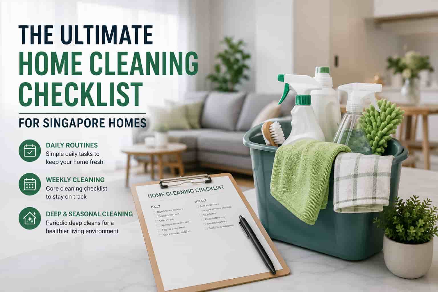 Home cleaning checklist with cleaning supplies in a modern Singapore living room showing daily, weekly, and deep cleaning routines.