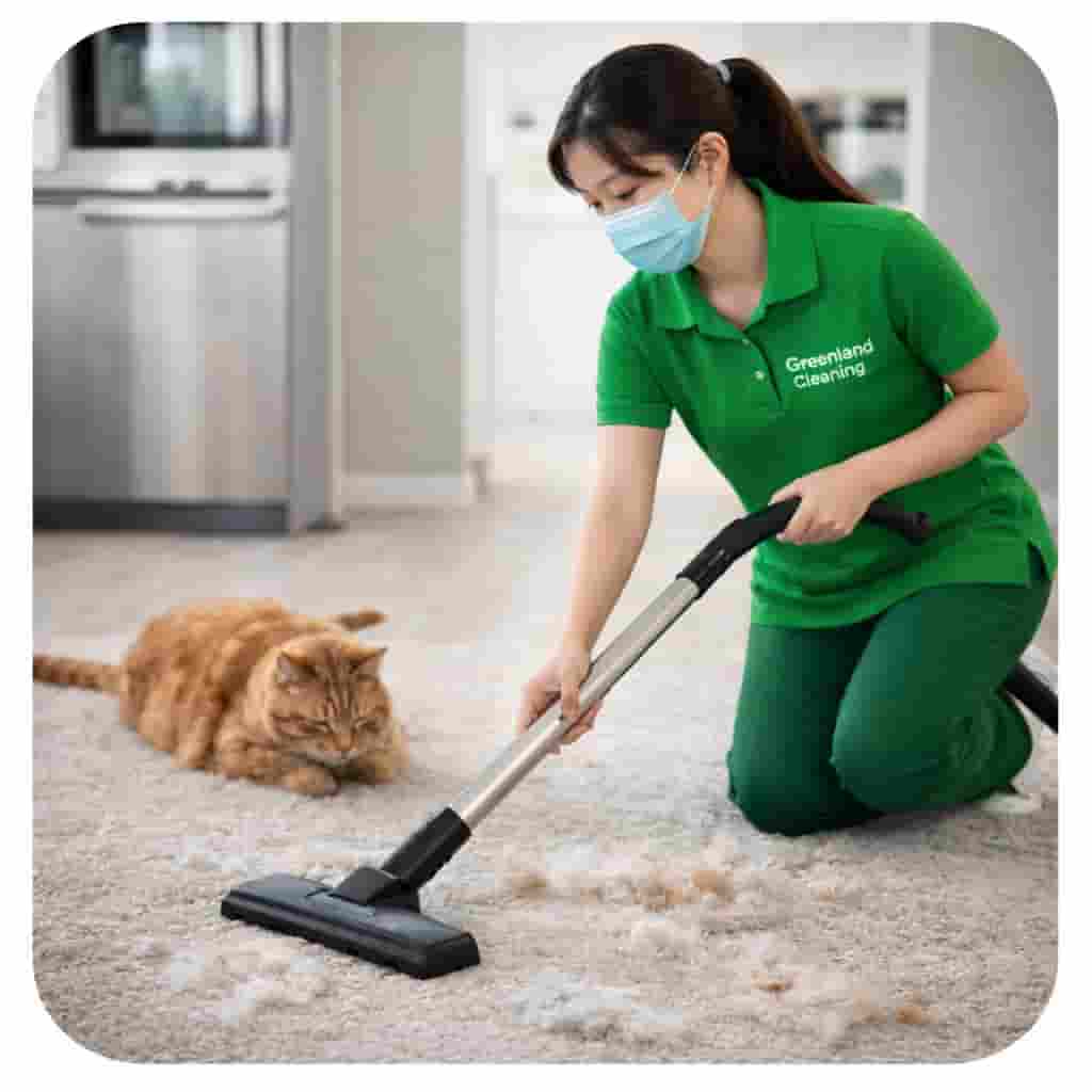 Asian cleaner vacuuming pet hair from carpet while cat sits nearby during weekly house cleaning service in Singapore