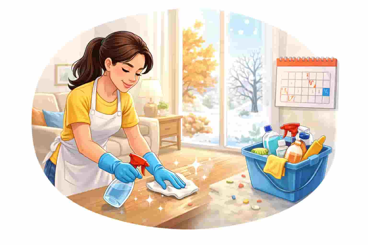 Woman doing seasonal deep cleaning in living room with cleaning supplies