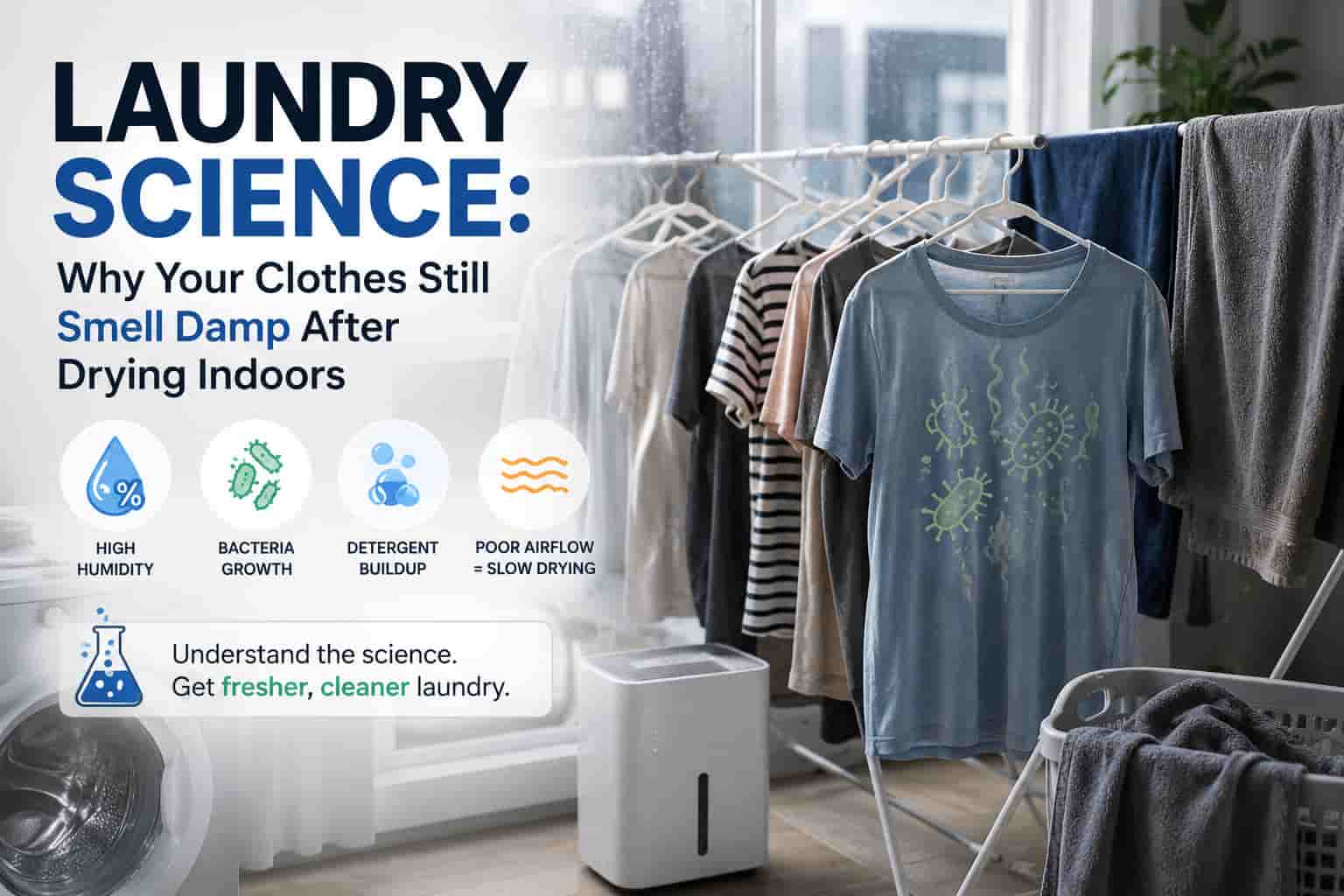 Indoor laundry drying rack with damp-smelling clothes in a humid Singapore home environment
