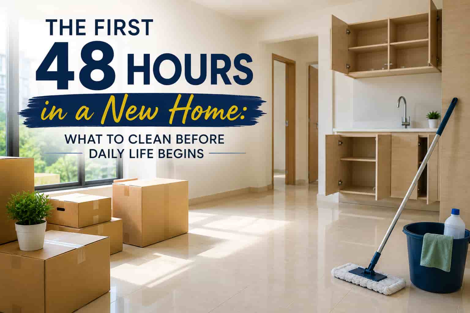 Cleaning an empty new home with moving boxes during the first 48 hours before settling in