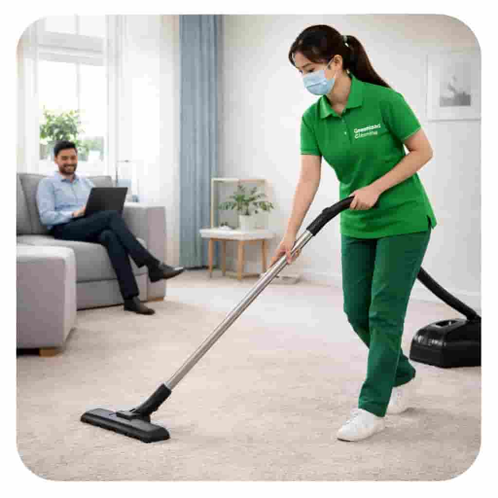 Asian cleaner vacuuming carpet while homeowner relaxes on sofa during weekly house cleaning service in Singapore