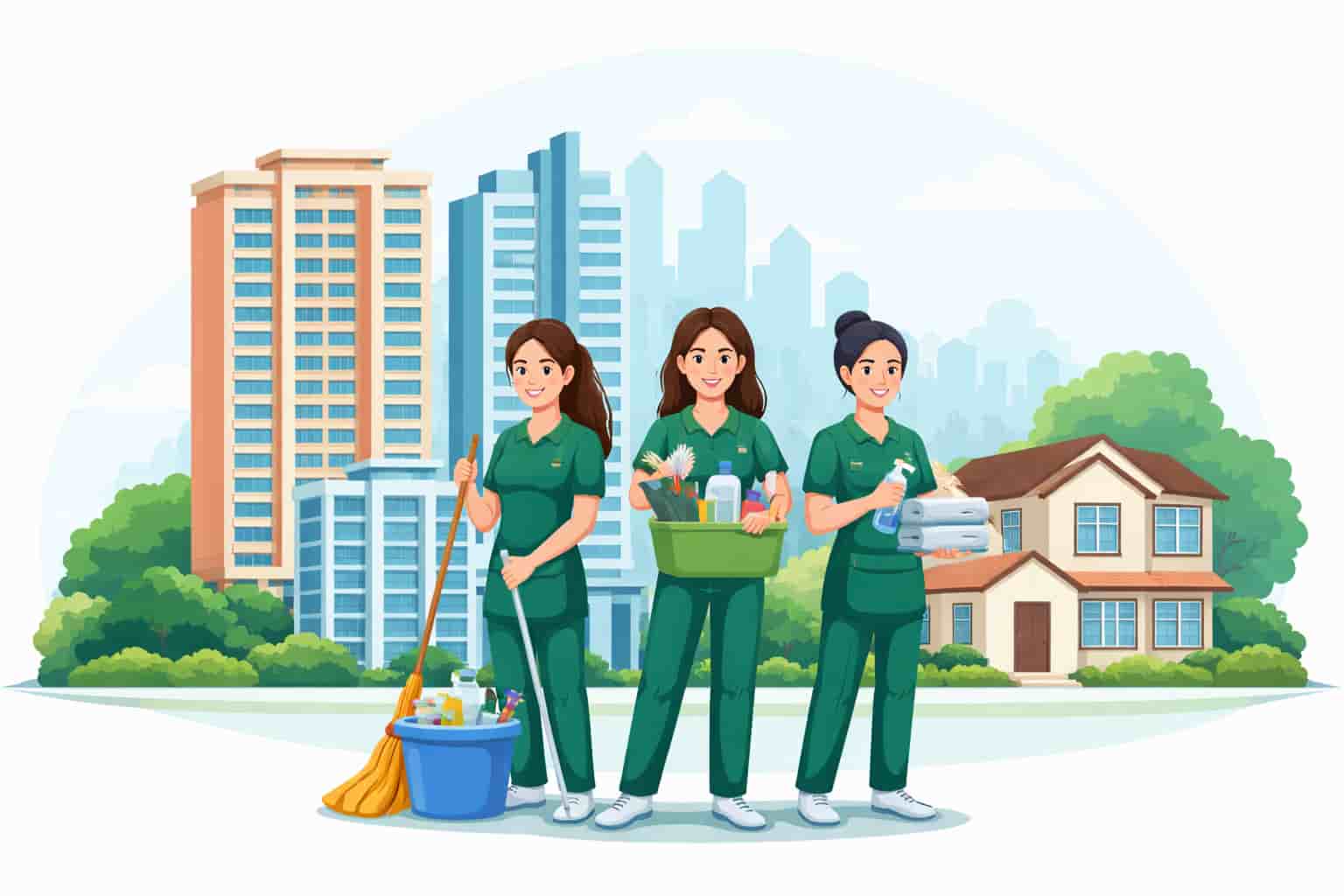 Female cleaners standing in front of HDB flats, condominium buildings and a landed house in Singapore