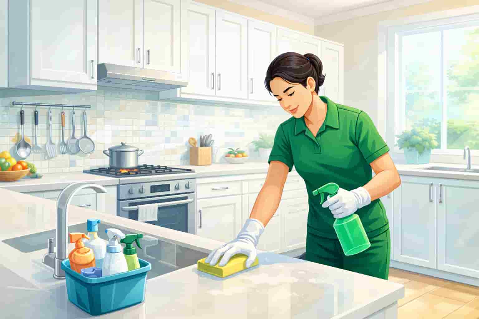 Female cleaner wiping kitchen countertop and cleaning sink during house cleaning service