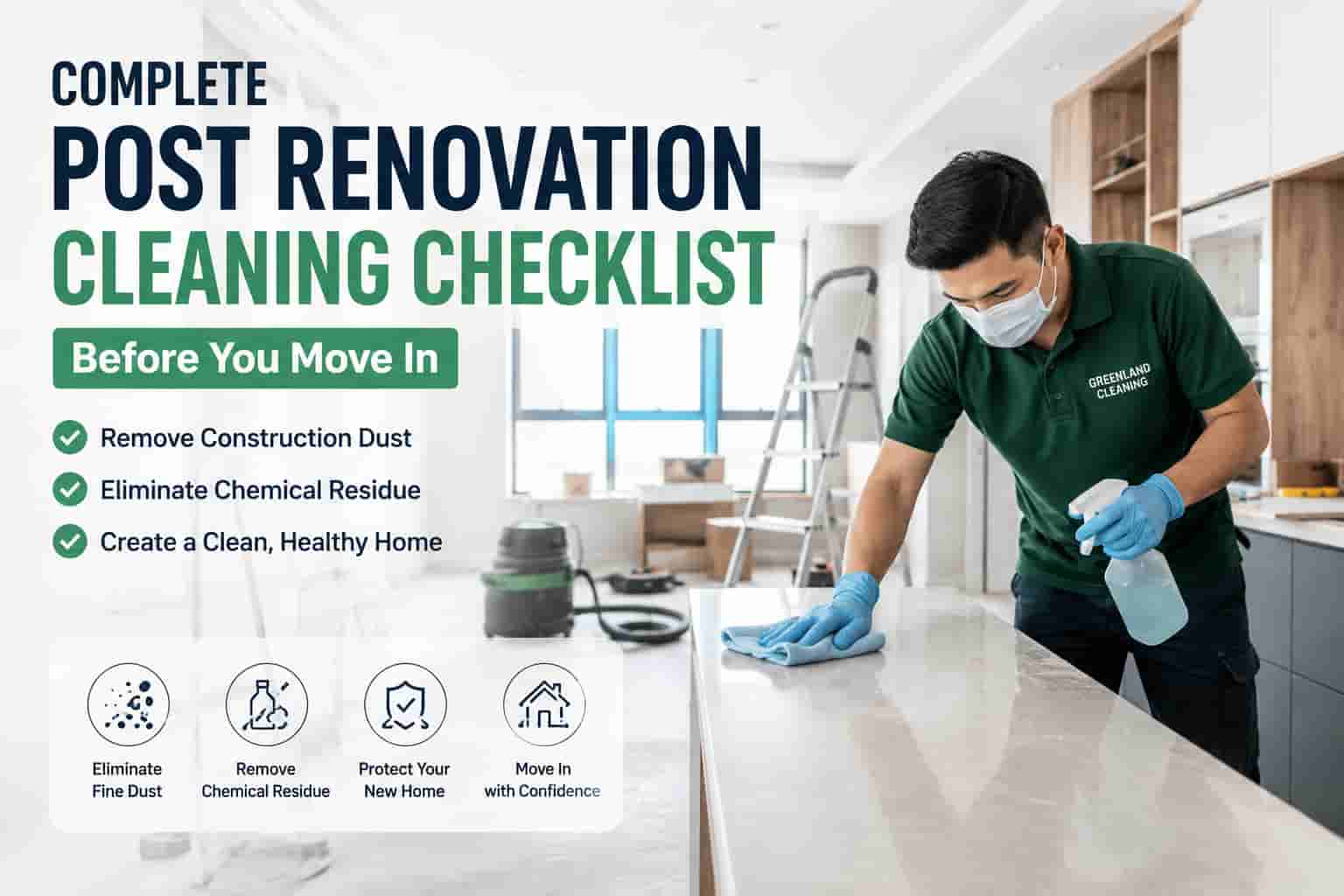 Professional cleaner performing post renovation cleaning in a newly renovated home to remove construction dust, chemical residue, and fine particles before move-in.