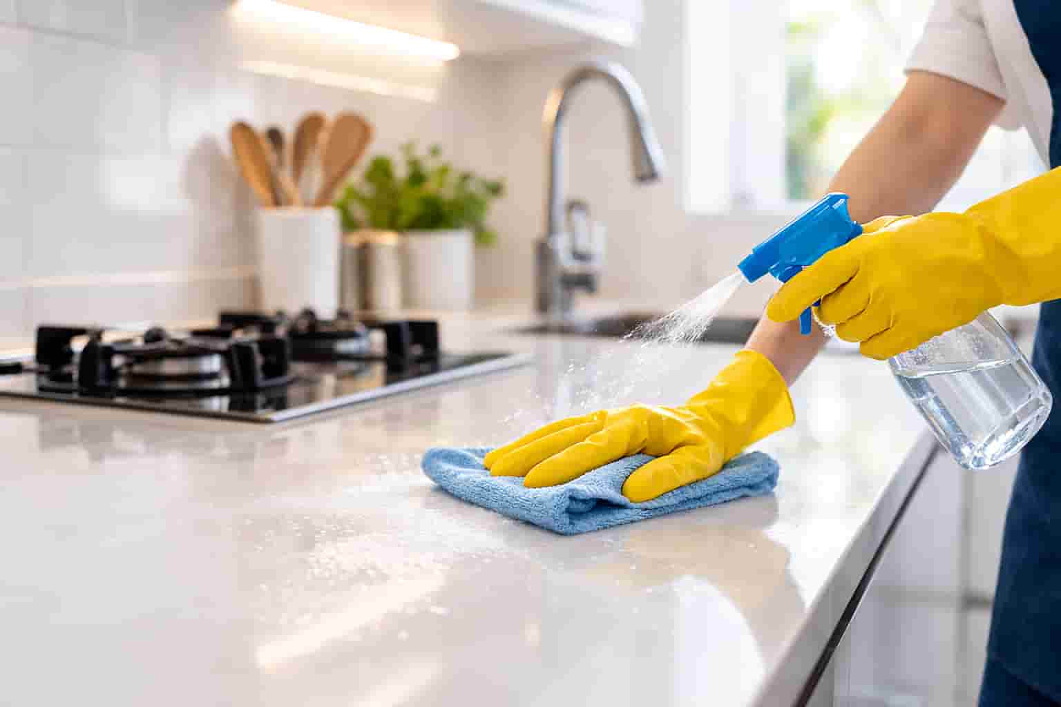 Wiping kitchen countertop during end of tenancy cleaning service