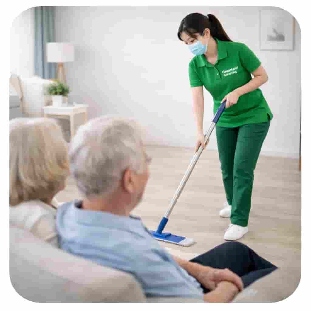 Asian cleaner mopping floor while elderly couple relax on sofa during weekly house cleaning service in Singapore