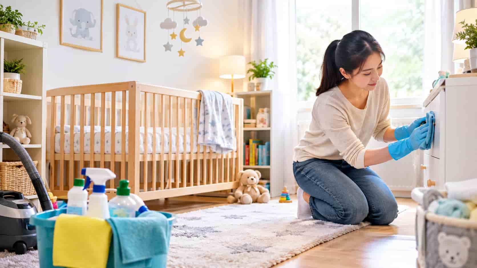 A mother cleaning a bright, organized nursery with a crib, baby furnishings, cleaning supplies, and a vacuum.