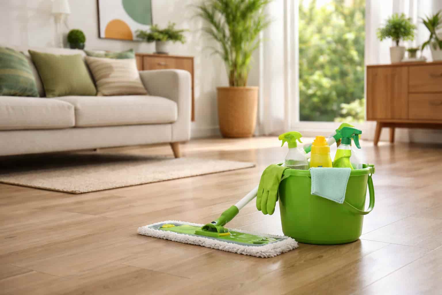 clean living room with mop and cleaning supplies showing fresh and tidy home environment