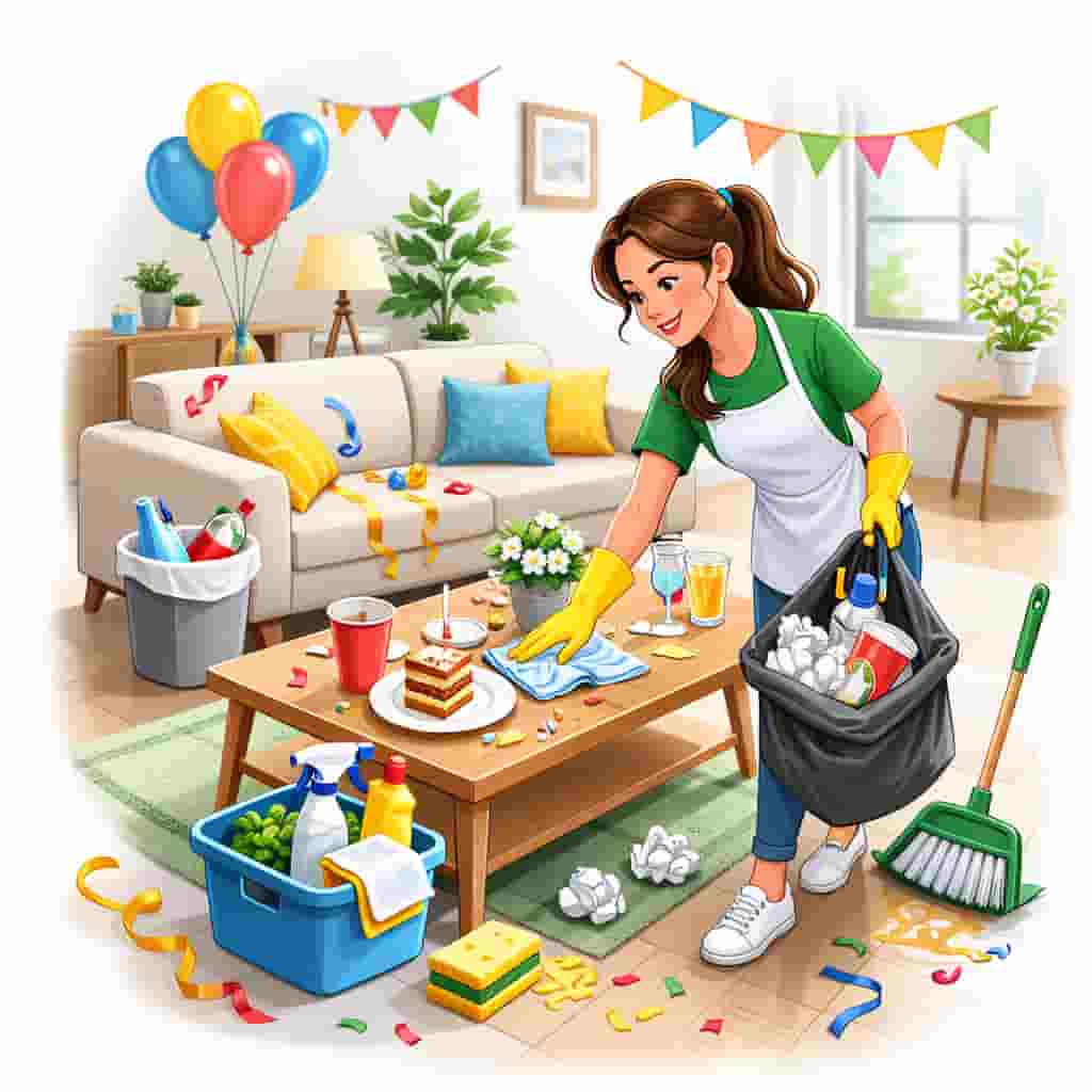 Woman cleaning living room and removing trash after a party or gathering