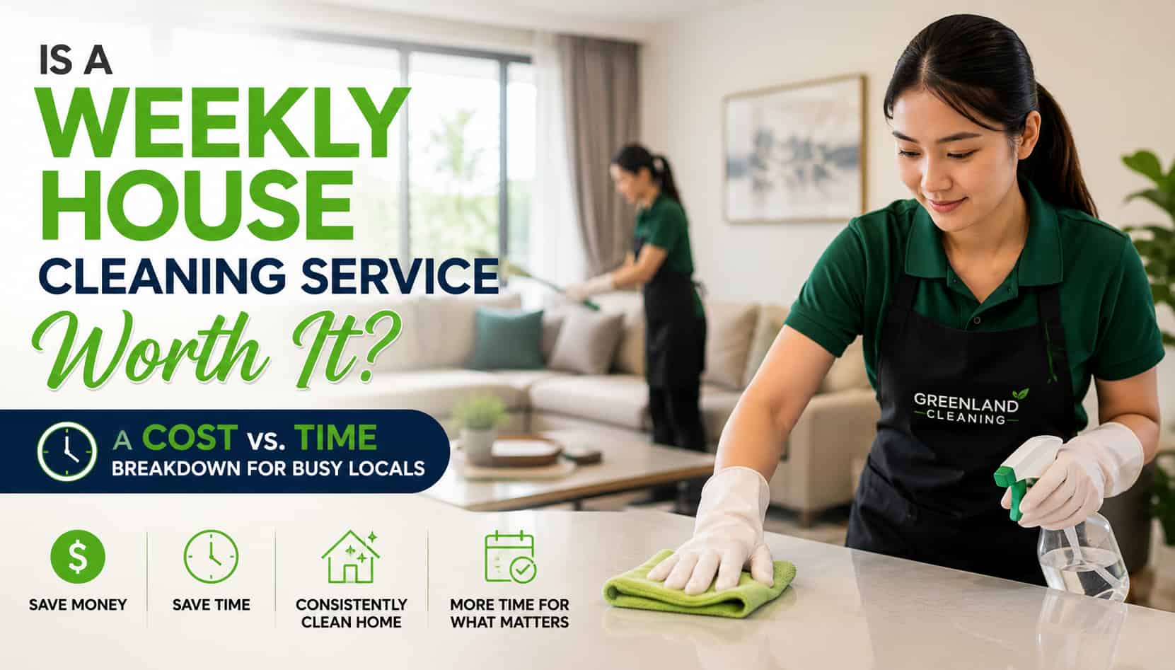 Professional cleaner providing weekly house cleaning service in a modern Singapore home, showing the value of regular cleaning for busy homeowners.