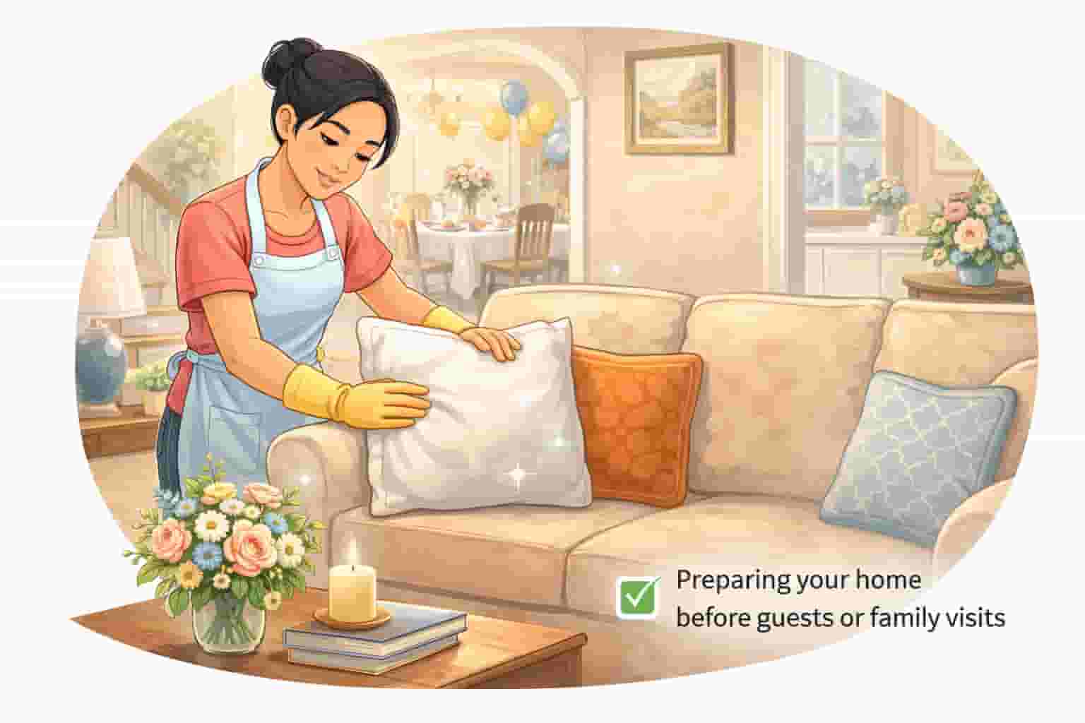Asian female cleaner arranging cushions in living room while preparing home before guests or family visit