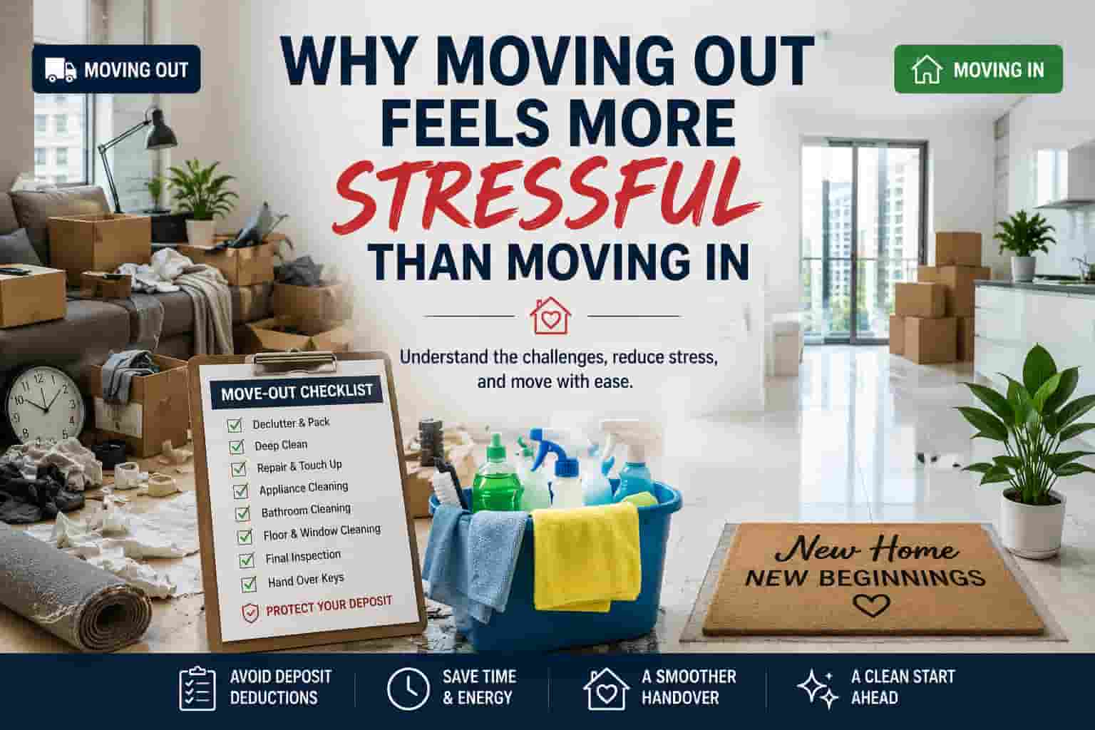 Stressful move-out process compared with a clean and organised move-in experience in a Singapore apartment