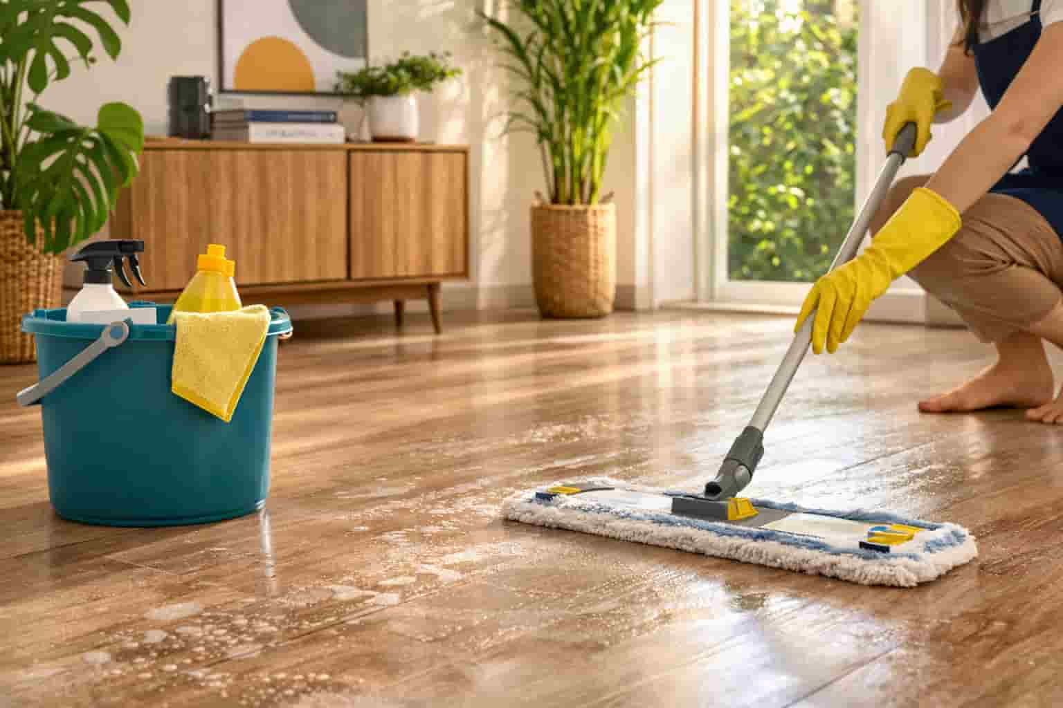 Cleaner mopping wooden floor with visible sticky residue and streaks in a bright modern home