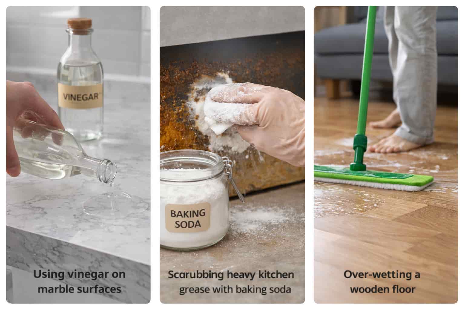 natural cleaning mistakes examples vinegar marble grease wooden floor singapore
