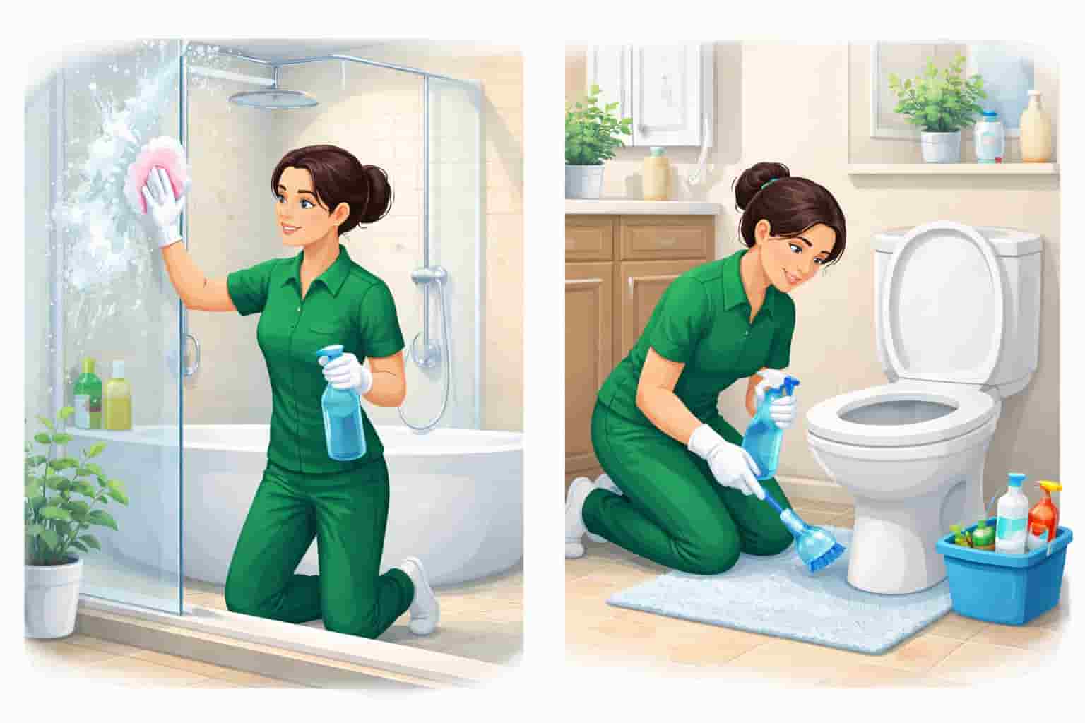 Female cleaner scrubbing shower glass and cleaning toilet in a bathroom during house cleaning service