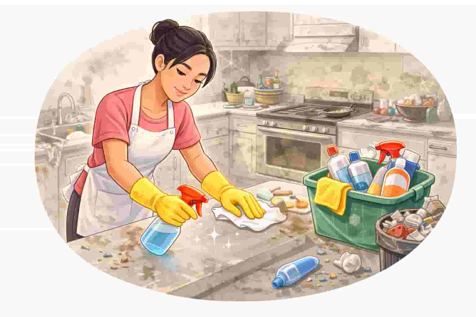 Asian female cleaner wiping dusty kitchen counter while refreshing a home that has not been cleaned for some time