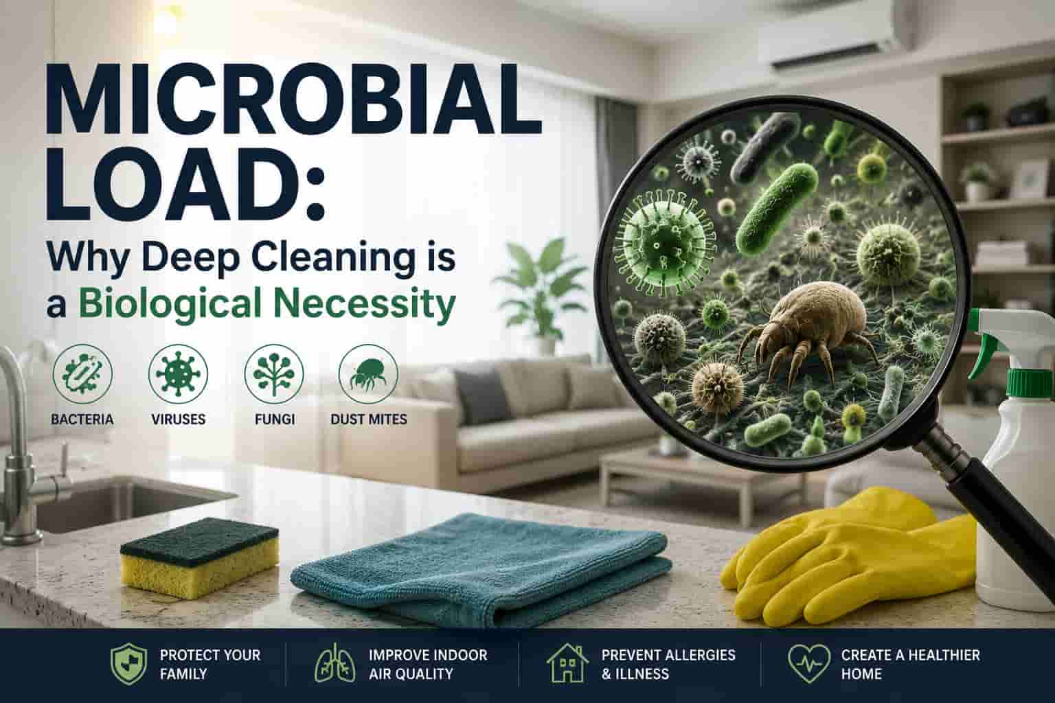 Magnified view of bacteria, mold spores, and dust mites inside a modern Singapore home, illustrating hidden contaminants removed through deep cleaning.