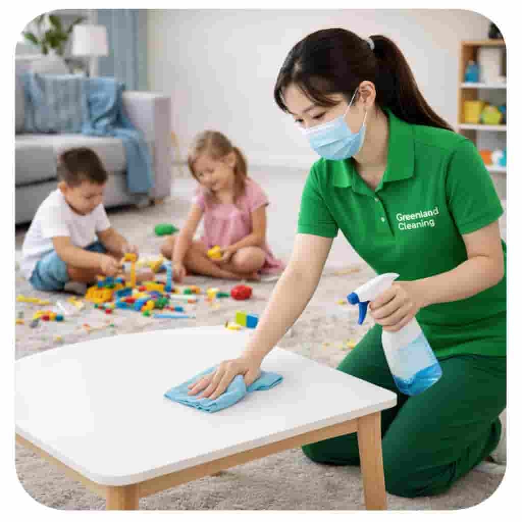 Asian cleaner wiping table in a family home while children play nearby during weekly house cleaning service in Singapore