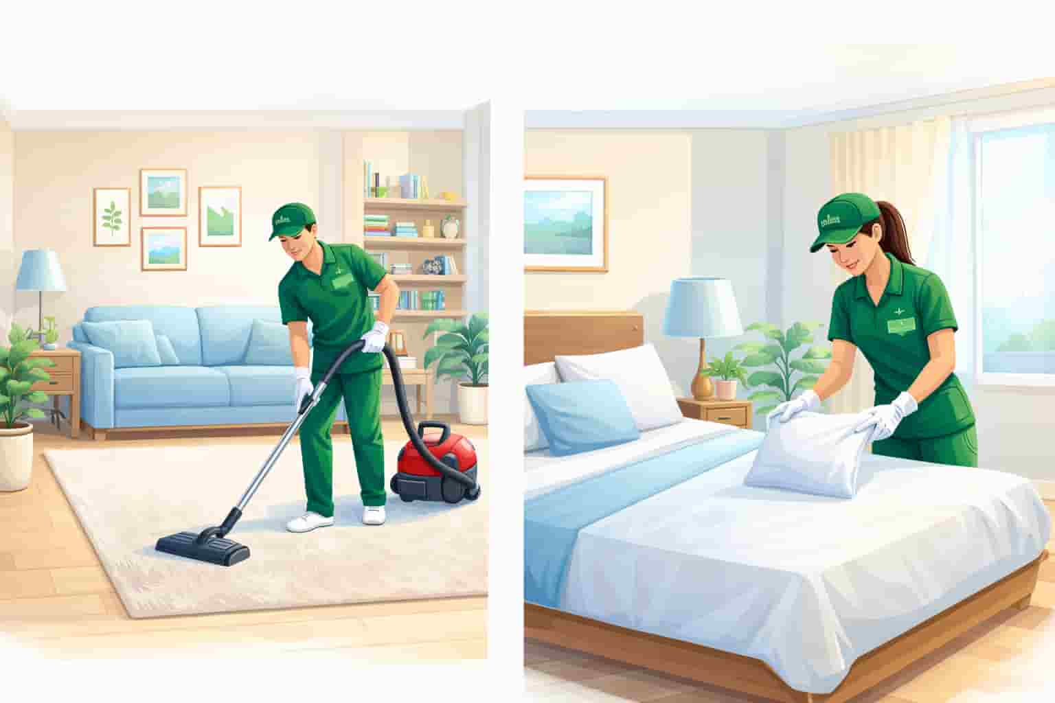 Cleaner vacuuming living room carpet and making bed in bedroom during house cleaning service