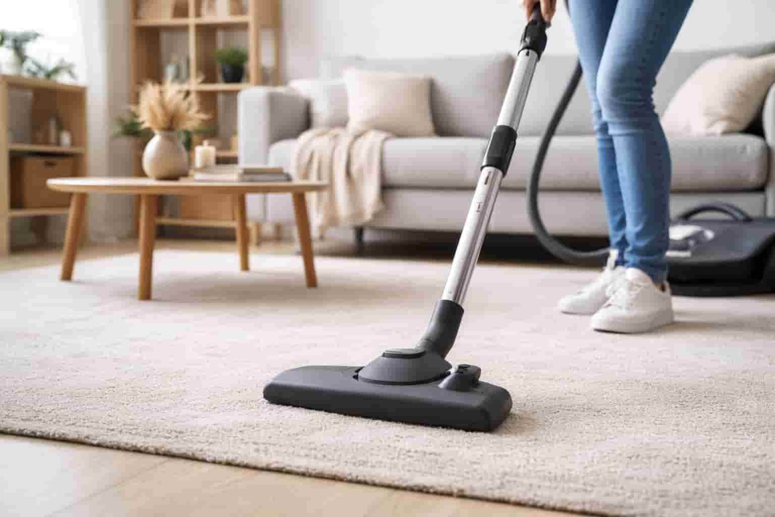 Vacuuming carpet in living room as part of move out cleaning service