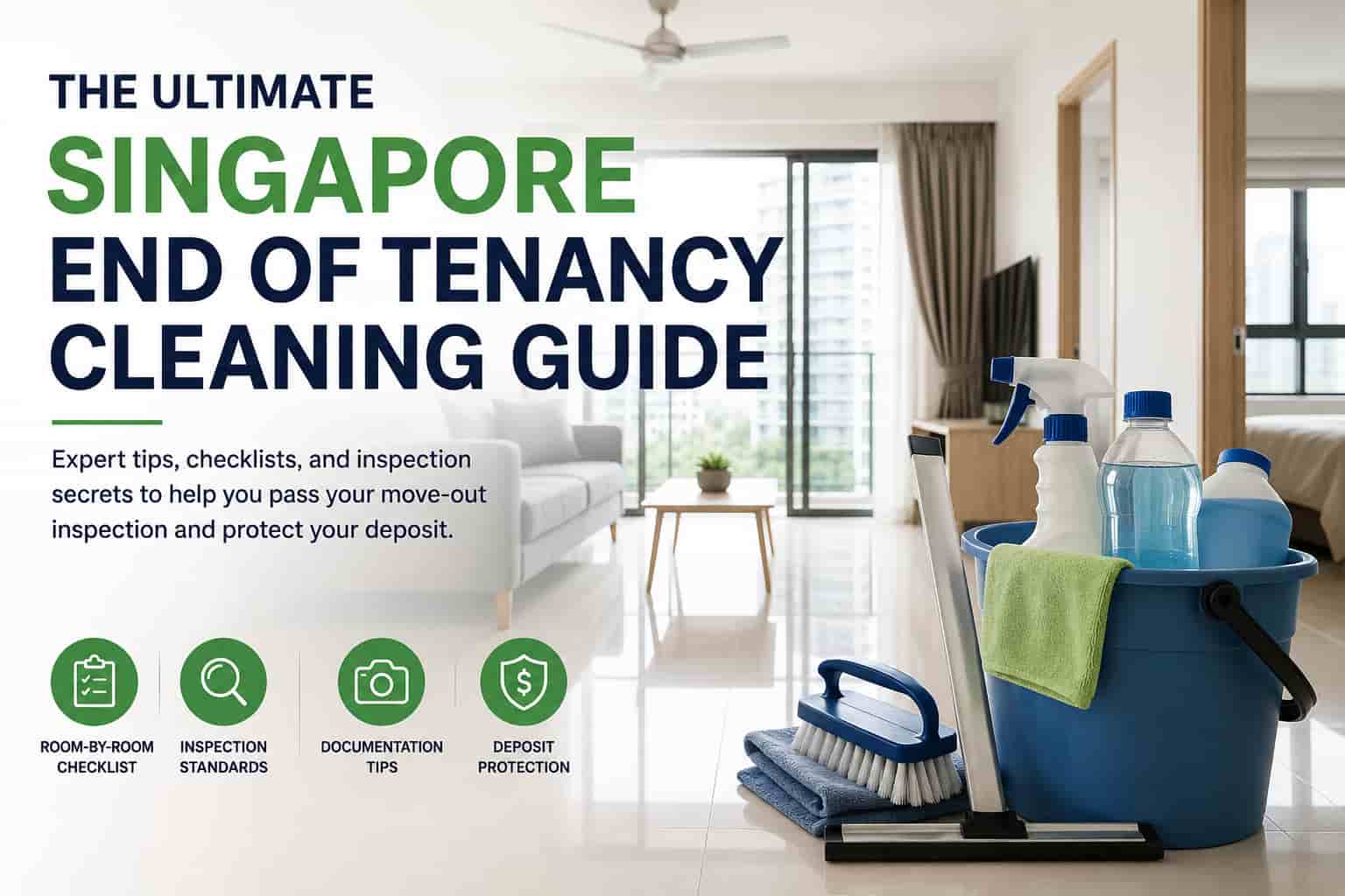 Ultimate Singapore end of tenancy cleaning guide showing a clean apartment and cleaning supplies for a successful move-out inspection.