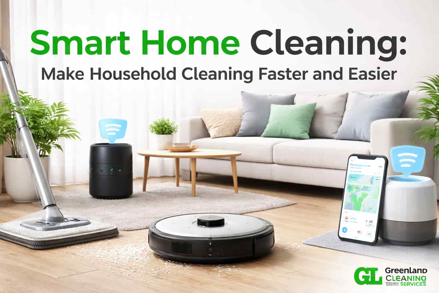 Smart home cleaning technology with robot vacuum and smart devices in modern Singapore home