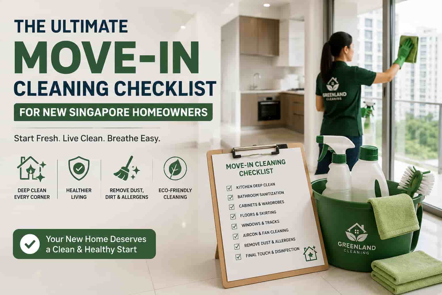 Professional cleaner deep cleaning a new HDB apartment kitchen before move-in in Singapore