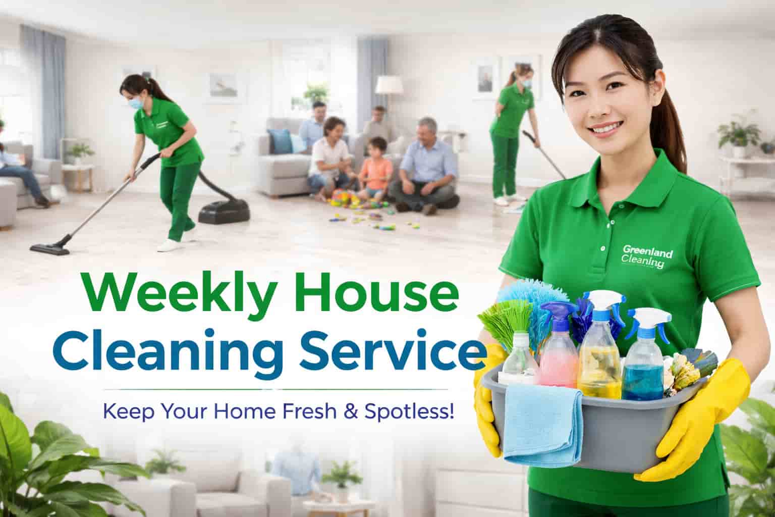 Asian cleaner holding cleaning supplies for weekly house cleaning service in Singapore