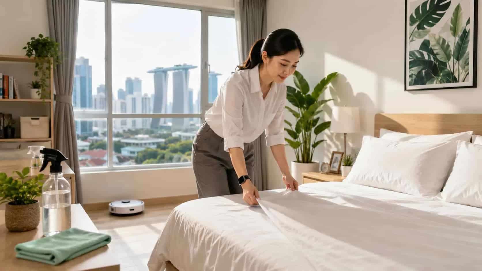 busy professional home owner making her bed neatly as a daily routine